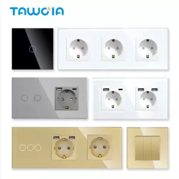 Тройные настенные розетки TAWOIA с сенсорным выключателем, USB-розетка с двойной прозрачной панелью, с четырьмя розетками типа F
