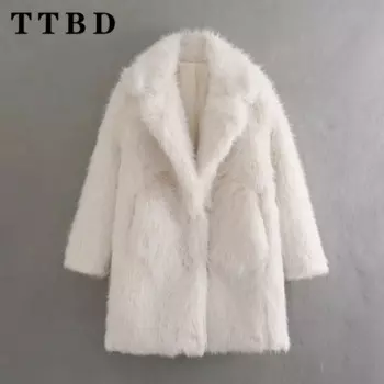 TTBD 2024 Новая зимняя Женская Повседневная Шуба с длинным рукавом из искусственного меха Женская Толстая теплая верхняя одежда ретро куртка