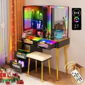 Туалетный столик RGB с зеркалом и подсветкой, светодиодный туалетный столик со беспроводной зарядной станцией/датчиком корпуса, туалетный столик для макияжа с
