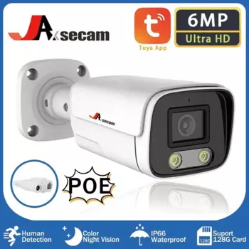 Tuya Smart Life 6MP Поддержка 128G TF-карты Обнаружение человека Двусторонняя аудиосеть Bullet POE IP Уличная камера видеонаблюдения