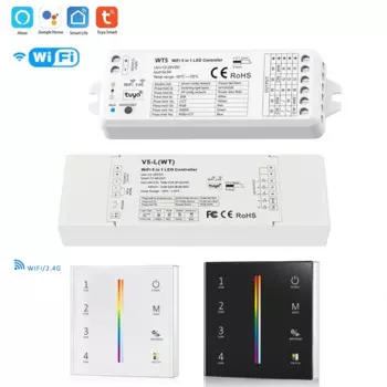 Tuya Wi-Fi 5 в 1 фотоконтроллер 15a 30A 12 В постоянного тока 24 В CCT RGB RGBW Цветовая идентификация цветовой идентификации светорегулятор 4 зоны Радиочастотное настенное стекло Сенсорное дистанционное управление