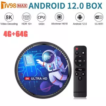 ТВ-приставка TV98MAX, 4 Гб + 32 ГБ, Allwinner H618, Android 12, Смарт ТВ-приставка 2,4 ГГц + телефон, Wi-Fi + медиаплеер 5.0 H265 TV98