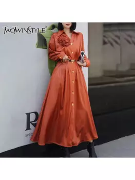 TWOTWINSTYLE однотонное лоскутное элегантное платье с аппликацией для женщин, однобортное платье миди с лацканами и длинными рукавами, женское новое