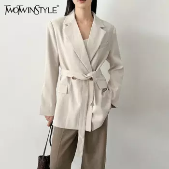 TWOTWINSTYLE однотонный лоскутный блейзер на шнуровке для женщин с зубчатым воротником и длинными рукавами, повседневные блейзеры с карманами, женская мода