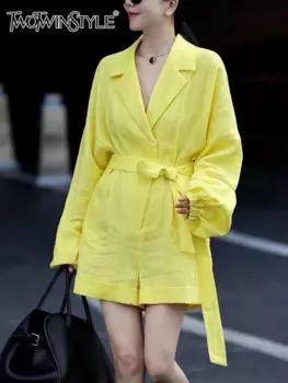 TWOTWINSTYLE однотонный лоскутный комбинезон на шнуровке для женщин, повседневные мини-комбинезоны с длинными рукавами и высокой талией с лацканами, женская мода, новинка