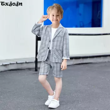 Txjojn новые костюмы для мальчиков Стандартный крой костюмы простые классические детские клетчатые 2 шт. жилет шорты Комплект для подиума шоу