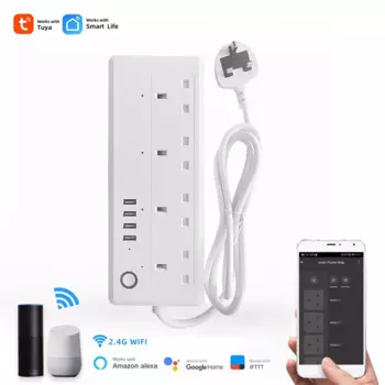Удлинитель Tuya Smart UK 13A с Wi-Fi, 4 розетки, 4 USB-порта для зарядки, удлинитель 1,7 м, таймер, защита от перегрузки