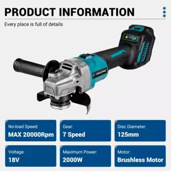 Угловая шлифовальная машина Drillpro 125 мм, 2000 Вт, 20000 об/мин, бесщеточный двигатель, полировальный станок для резки для батареи Makita 18 В