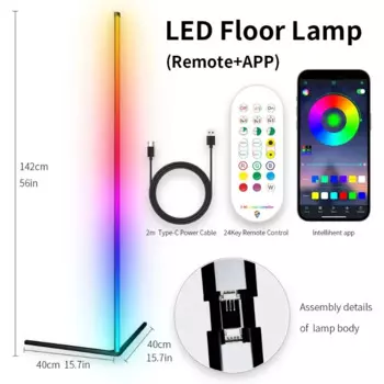 Угловой светильник для гостиной с регулируемой яркостью RGB Торшер Standing Smart App Светодиодный светильник для настроения Спальня Скандинавский домашний декор или внутреннее освещение