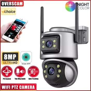 Уличная беспроводная IP-камера безопасности 4K 8MP HD с двумя объективами, внешняя Wi-Fi PTZ-камера с автоматическим отслеживанием, уличная камера наблюдения iCsee