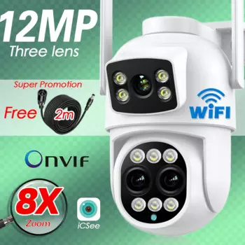 Умный дом WIFI камера уличная 12MP три объектива 8-кратный зум 360 беспроводная IP-камера видеонаблюдения PTZ Wi-Fi безопасность CCTV ICSEE