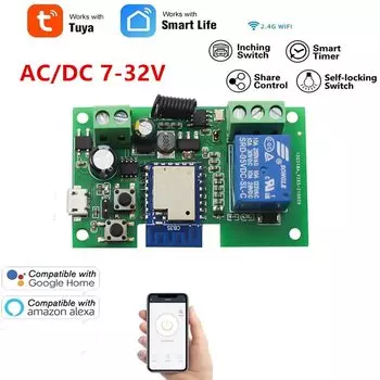 Умный переключатель TUYA mini Wi-Fi, 1 канал, релейный модуль Wi-Fi, 12 В, 24 В постоянного/переменного тока, 7-32 В