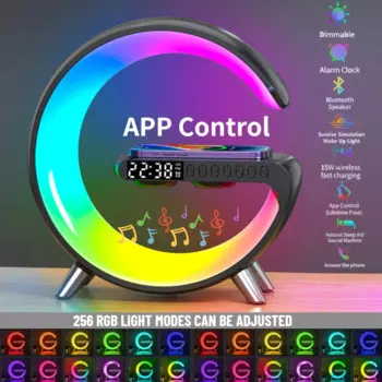 Умный светодиодный RGB ночник, управление через приложение, атмосферная лампа, цифровой будильник, динамик, беспроводное зарядное устройство 15 Вт для украшения спальни iphone