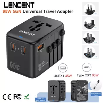 Универсальный адаптер для путешествий LENCENT 65 Вт GaN с 3 портами типа C + 1USB адаптер для быстрой зарядки для путешествий вилка EU/UK/USA/AUS