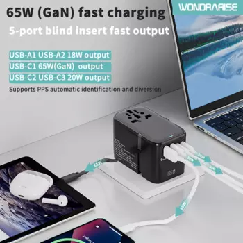 Универсальный дорожный адаптер питания WONDRARISE GaN с 2 USB и 3 портами быстрой зарядки Type-C — вилки стандарта ЕС/Великобритании/США/Австралии для глобальных путешествий