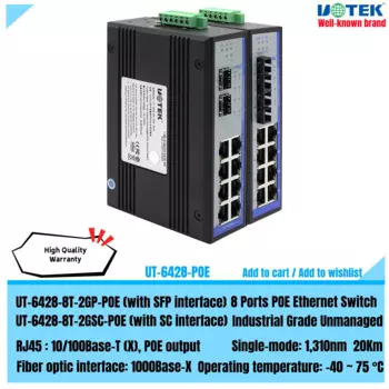 UOTEK промышленный класс, 8 портов, Сеть RJ45, Неуправляемый коммутатор Ethernet POE, 2 Гигабитного оптического волокна, 1000 м, SEP SC UT-6428-POE