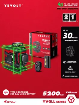 Уровень лазерный YEVOLT YVGLL4XS16PRO, 4 уровня, 16 линий, самовыравнивающийся, 4D, горизонтальный и вертикальный, 3,6 В, Ач