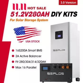 US 3.0 Seplos Box 51,2V280AH Lifepo4 Комплекты аккумуляторов Блок питания 15 кВтч с активным балансиром 16S200A Smart BMS 2A для домашнего хранения