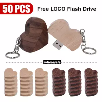 USB-флеш-накопитель деревянный в форме сердца, 64/32/16/8 ГБ, 50 шт.