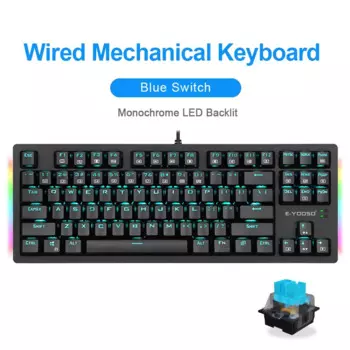 USB-механическая игровая клавиатура, проводная, синий, красный переключатель, монохромная светодиодная подсветка, 87 клавиш