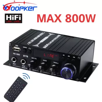Усилитель мощности Woopker AK390, Hi-Fi, 800 Вт, стерео, цифровой медиаплеер, поддержка FM-радио, AUX, микрофон, 2,0 вход для дома c