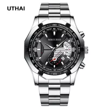 UTHAI H136 Новые мужские кварцевые часы, модный деловой светящийся календарь, три бусины, ремешок для часов из сплава нержавеющей стали