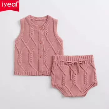 Весенние розовые вязаные костюмы IYEAL, комплекты детской одежды, свитер, комплекты для девочек, свитер без рукавов + шорты из ПП, 2 предмета, детская одежда