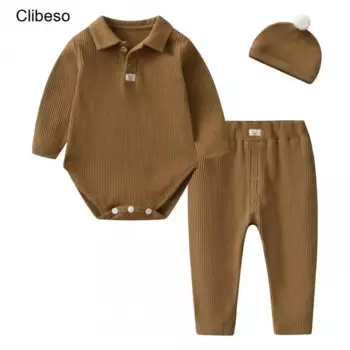 Весенняя одежда для малышей Clibeso 2024, корейский Повседневный модный боди с длинным рукавом для новорожденных, брюки и шапка, комплект роскошной детской одежды