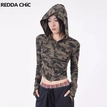 Винтажная камуфляжная Женская толстовка REDDACHiC с капюшоном с длинным рукавом на молнии облегающая укороченная куртка топ серая Харадзюку осенняя одежда