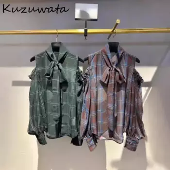 Винтажная простая клетчатая рубашка Kuzuwata с воротником-стойкой и рукавами-фонариками, универсальные Блузы с открытыми плечами и завязкой, новые блузки с японским принтом на пуговицах