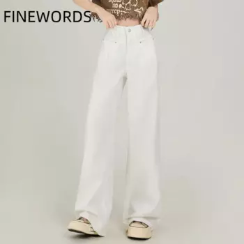Винтажные белые мешковатые джинсы FINEWORDS, женские повседневные уличные джинсы в Корейском стиле Харадзюку с широкими штанинами, однотонные джинсовые брюки с высокой талией