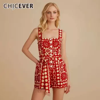 Винтажные комбинезоны CHICEVER с принтом для женщин, однобортный однобортный летний комбинезон без рукавов с квадратным воротником и высокой талией, хит цвета, женский
