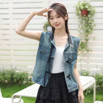 Винтажный однотонный тонкий джинсовый жилет женский, новинка лета 2024, модная куртка без рукавов с пряжкой и циферблатом, женский свободный джинсовый жилет T279