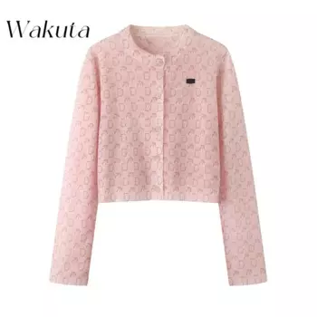 Винтажный осенний кардиган WAKUTA с круглым вырезом и длинным рукавом, модный однобортный приталенный Топ, повседневные Джемперы для поездок,