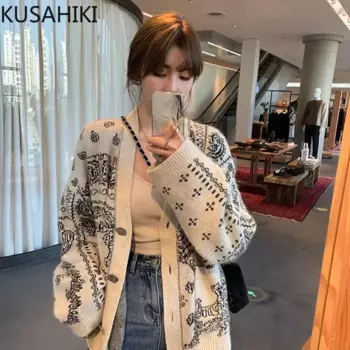 Винтажный жаккардовый вязаный кардиган kusхитки, Повседневный свитер с длинным рукавом и V-образным вырезом, пальто, Осень-зима 2023, Модная трикотажная куртка