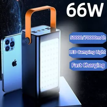 Внешний аккумулятор большой емкости, 70000 мАч, PD20W, быстрая зарядка для iPhone 15, Huawei, Xiaomi, портативное зарядное устройство с фонариком для кемпинга