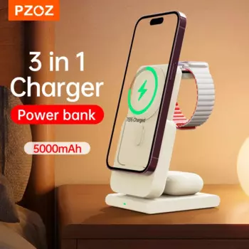 Внешний аккумулятор PZOZ PD 3 в 1, 5000 мАч, стандартный держатель, беспроводное зарядное устройство PD, быстрая зарядка, портативный внешний аккумулятор для iPhone 15 14 13