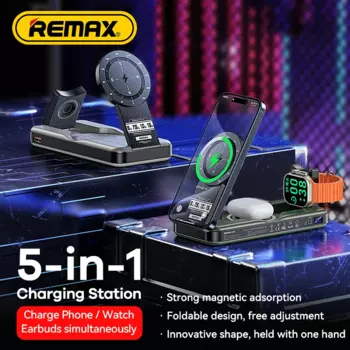 Внешний аккумулятор REMAX 5 в 1, магнитное Беспроводное зарядное устройство для iPhone 15 14 Pro MAX, iPad Airpods, Apple Watch, складной внешний аккумулятор 10000 мАч