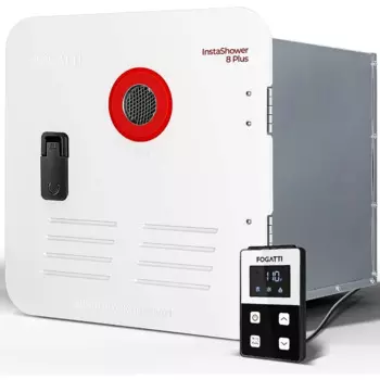 Водонагреватель без резервуара, InstaShower 8 Plus, Gen 2, с белой дверью 15x15 дюймов и пультом дистанционного управления, 12 В постоянного тока