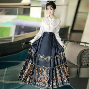 Восточные костюмы Hanfu, женские костюмы с вышивкой с воротником и рукавами летательного аппарата в национальном стиле, костюмы с юбкой с лошадиным лицом, Повседневная тонкость