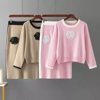 Вязаные костюмы HLBCBG с вышивкой, Свободный пуловер с круглым вырезом и облегающая юбка миди, женские осенние повседневные комплекты из свитера в Корейском стиле