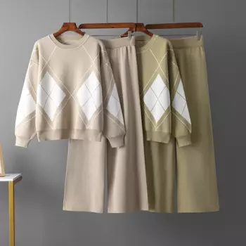 Вязаные теплые костюмы HLBCBG из двух предметов, клетчатый пуловер с коротким высоким воротником и брюки-карандаш на шнуровке, Зимние Модные женские комплекты из свитера