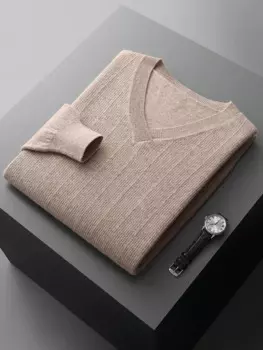 Высокое качество, мужской свитер из 100% мериносовой шерсти, вязаные пуловеры с длинными рукавами и v-образным вырезом, осень-зима, деловые повседневные топы, свободный джемпер