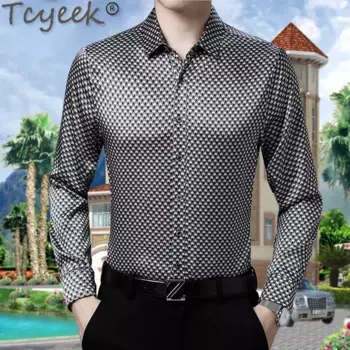 Высококачественная рубашка Tcyeek из натурального шелка тутового шелкопряда, Осенние Топы, новые свободные тонкие рубашки с длинным рукавом для мужчин, одежда Zm2886