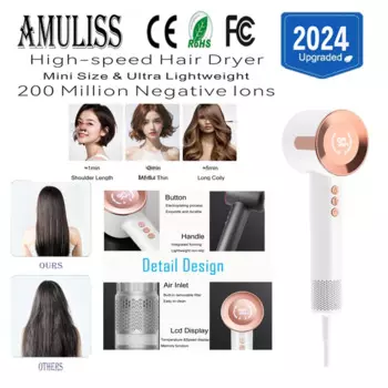 Высокоскоростной фен для волос Amuliss 2024, фен с отрицательными ионами на 110000 об/мин, профессиональный фен