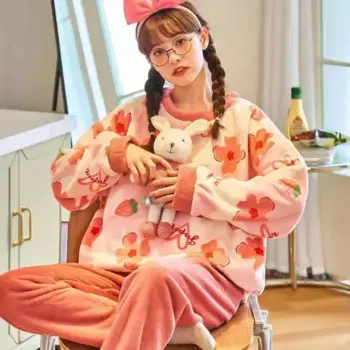 Winter Sleeping Pajamas Pullover Fleece Thick Warm Women's Pajamas Set Cute Soft Long-sleeved Trousers пижама женская комплект