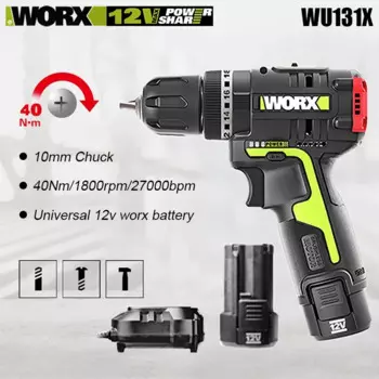 Worx WU131X Беспроводная ударная дрель Перезаряжаемая бесщеточная 1800 об/мин 40 Нм 27000 об/мин Зажим 10 мм Универсальная 12 В Зелено-Оранжевая батарея