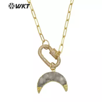 WT-N1302 WKT Новые женские натуральные друзы кварцевые золотые подвески в форме полумесяца и рога, ожерелье с застежкой CZ, соединительный камень, ювелирные изделия
