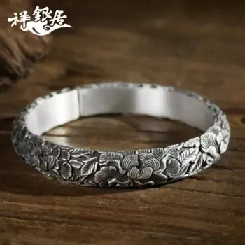 Xiangyinju серебряный браслет s999 фут серебряные мужские и мужские ретро богатые пионы открытый серебряный браслет с застежкой сзади
