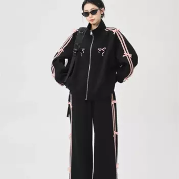 Y2k корейский зимний новый милый костюм с бантом для девочек, женский повседневный модный свободный тонкий пальто, широкие брюки, прямые брюки, костюм из двух предметов